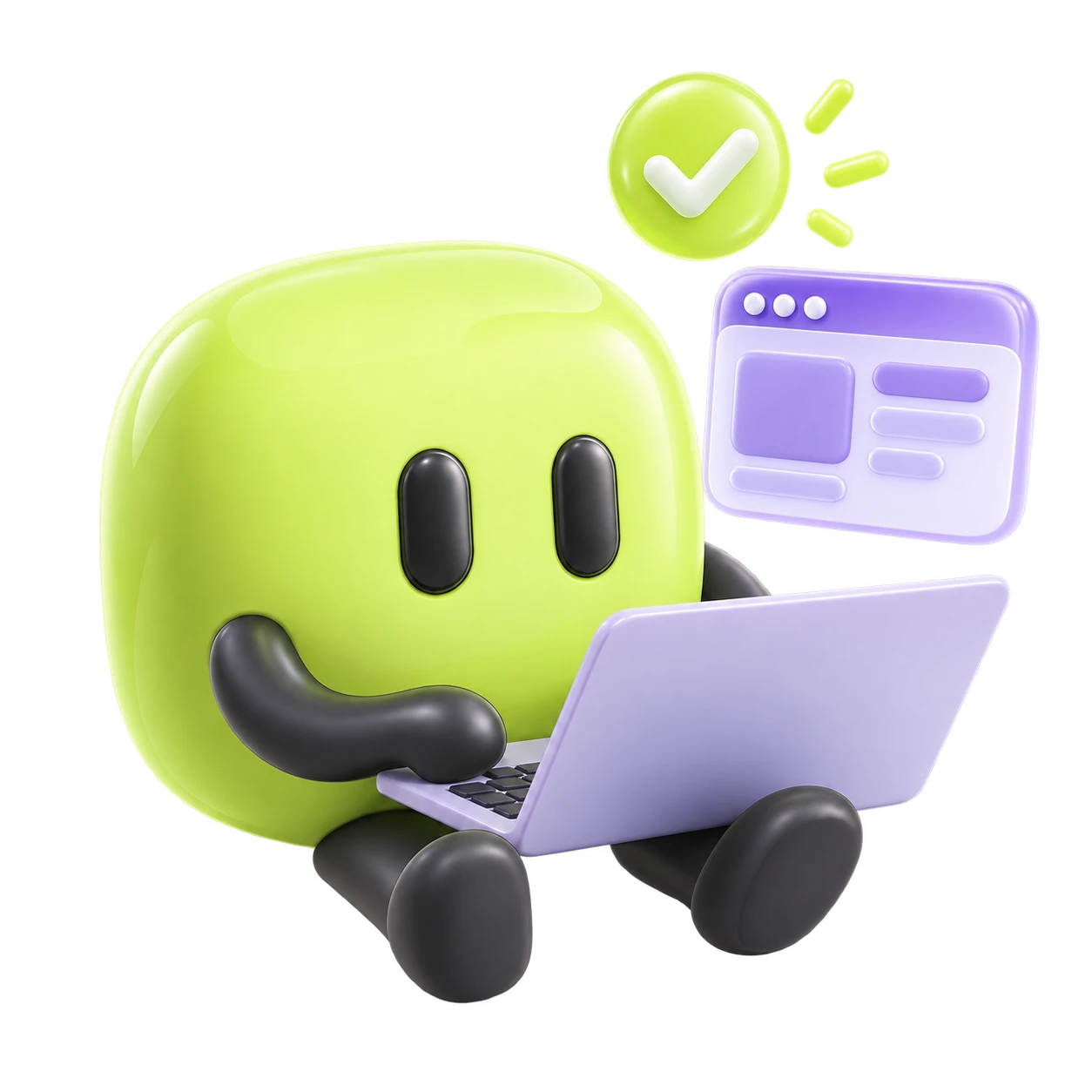 Personaggio 3D verde lime con un laptop lilla e un’interfaccia da testare